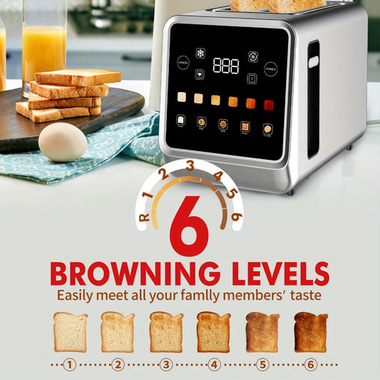 Digital Touch Screen Toaster 2 Slice Stainless Steel with 5 Bread Functions 7 Shade Settings Bagel Defrost Reheat Cancel Removable Crumb Tray LED Display Kitchen Toaster
