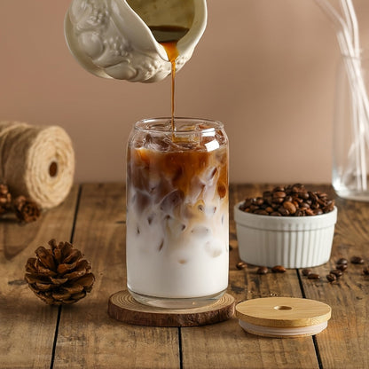 Glass Coffee Mug with Bamboo Lid & Straw | Iced Coffee Glass Cup Set, Mason Jar Mug, Reusable Drinking Glasses, Holiday Gift