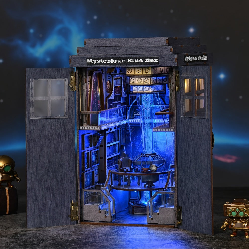 Mysterious Blue Box Book Nook Kit CH08 with 368-Piece Fantasy Workshop Scene and Touch-Controlled Blue Light
