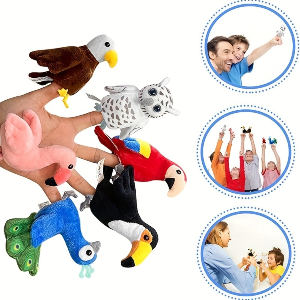 Six-Piece Bird Finger Puppet Set with Parrot, Peacock, Toucan, Flamingo, Owl and Eagle Designs