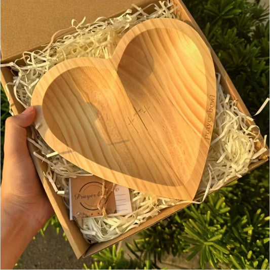 Wooden Prayer Bowl with 24 Prayer Cards – Hand-Carved Heart Shaped Cross Engraved Vintage Religious Gift Set for Easter, Christmas, Thanksgiving, Home Altar & Prayer Room Tabletop Decor