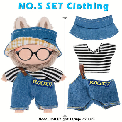 Six-Outfit Doll Clothes Set for 17cm Mini Dolls with Coordinated Tops, Shorts, Skirts, Overalls and Hats