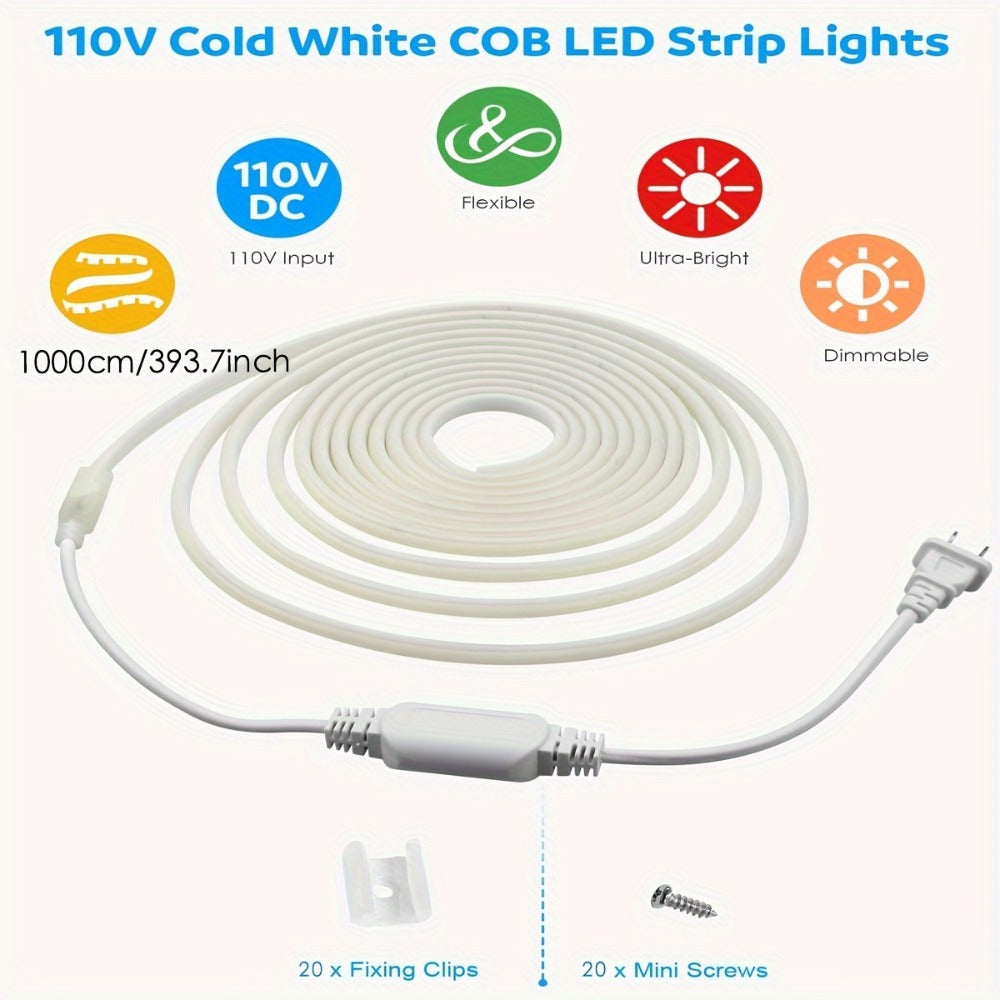 COB LED Strip Lights 10M 33ft 110V Connectable High Brightness Flexible Rope Light for Home, Desk and Accent Lighting