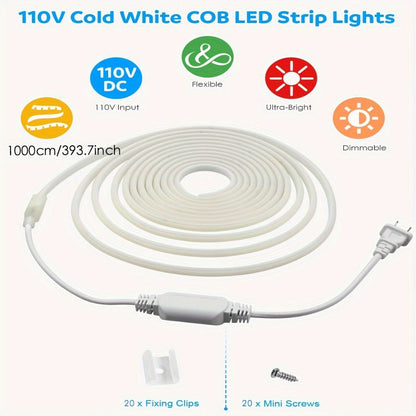COB LED Strip Lights 10M 33ft 110V Connectable High Brightness Flexible Rope Light for Home, Desk and Accent Lighting