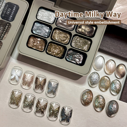 Shimmer Nail Art Gel Nine-Color Grid Palette with Metallic Neutral or Milky Way Color Selection