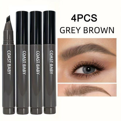 Four-Pack Multi-Fork Tip Eyebrow Pens in Four Color Labels with Capped Bodies and Approx. 11.3 cm Length