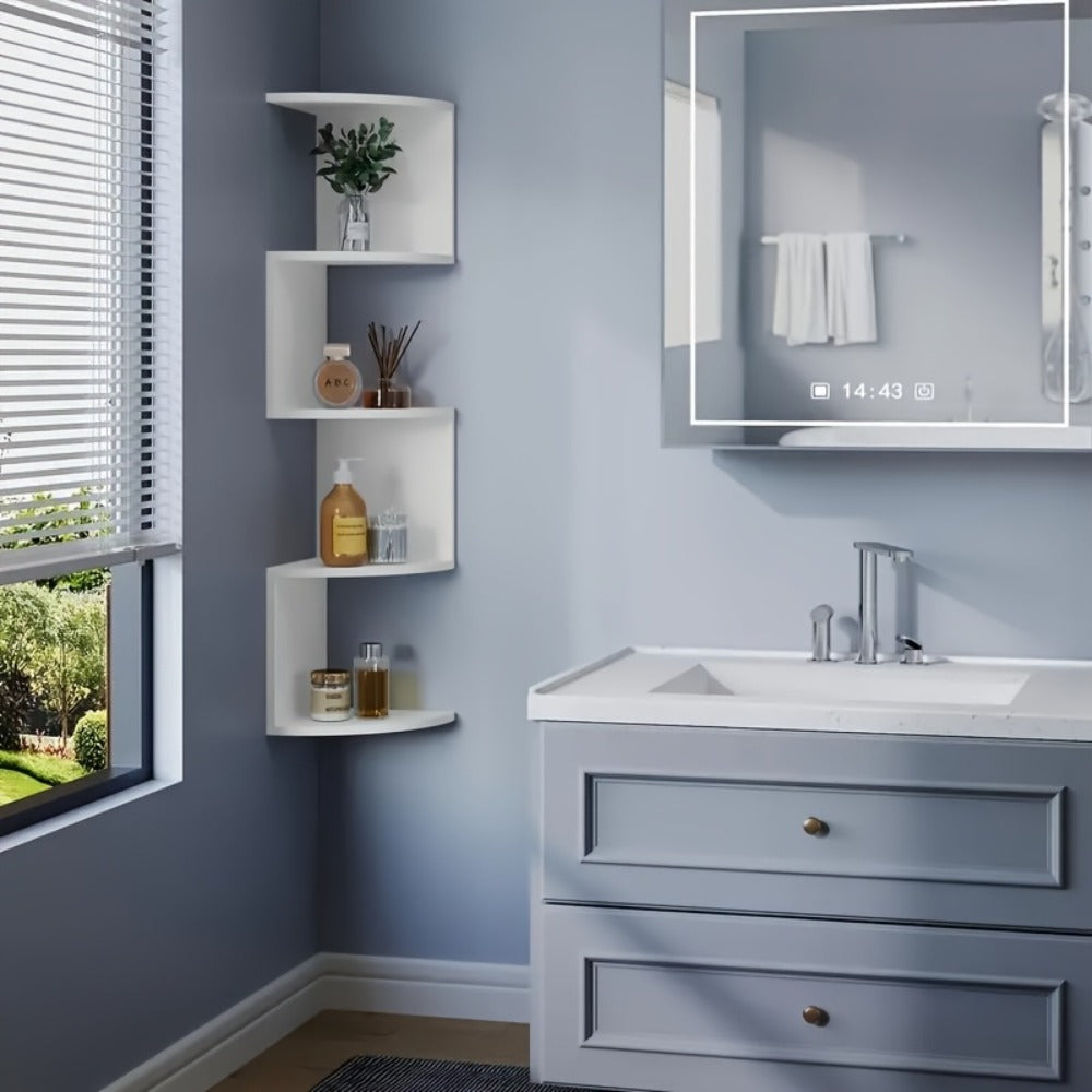 Wall-Mounted Alternating Corner Shelf in White Five-Tier or White and Black Three-Tier Options