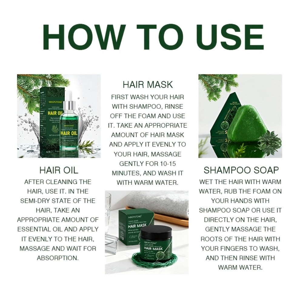 Three-Piece Usman Grass Hair Care Kit with 120g Triangular Shampoo Bar, Oil and Mask Formats