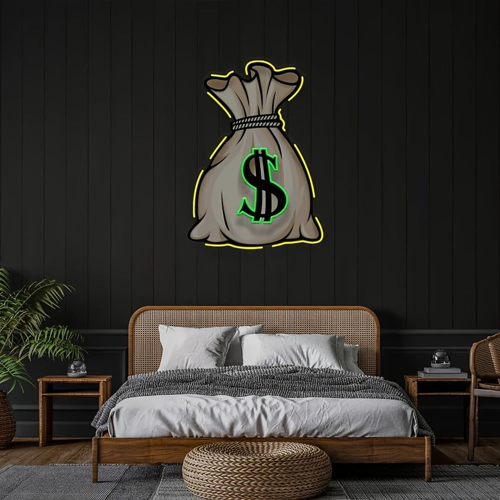 Money Bag LED Neon Sign with 40 x 30 cm Panel, USB Power and Yellow, Green and White Outline
