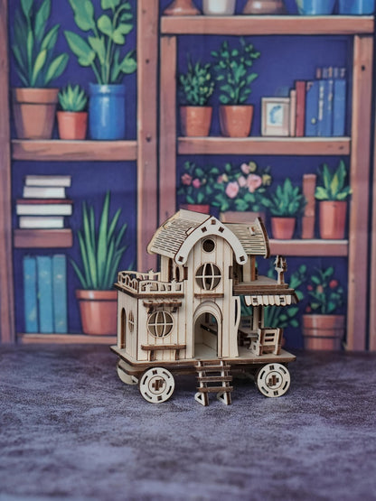 3D Wooden Mobile Home Puzzle Model Kit with Café Bar Details, 11 x 6 x 12 cm Finished Display
