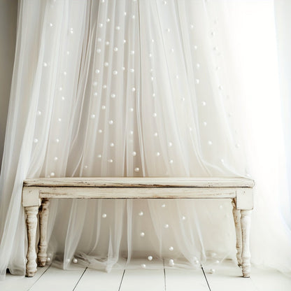 White Pearl-Embellished Sheer Tulle Fabric Roll in 160 x 300 cm Size for Backdrops and Table Decor