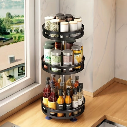 Three-Tier Rotating Spice Rack in Black or White with Circular Shelves and Tall Bottle Storage