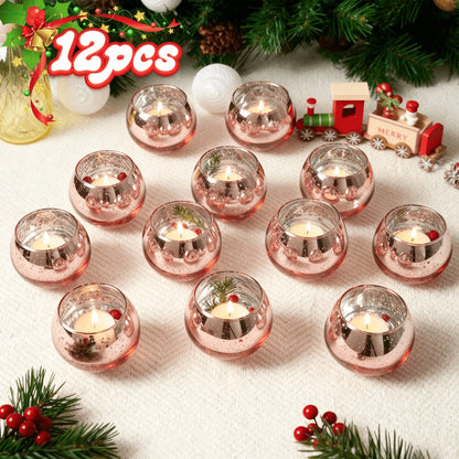 Votive Candle Holders Bulk - High Temperature Glass Hurricane Candle Holders for Weddings, Parties & Romantic Dinners, Starlight Shimmer Effect, Set of 6/12/24, Golden, Pink, Silver & Green