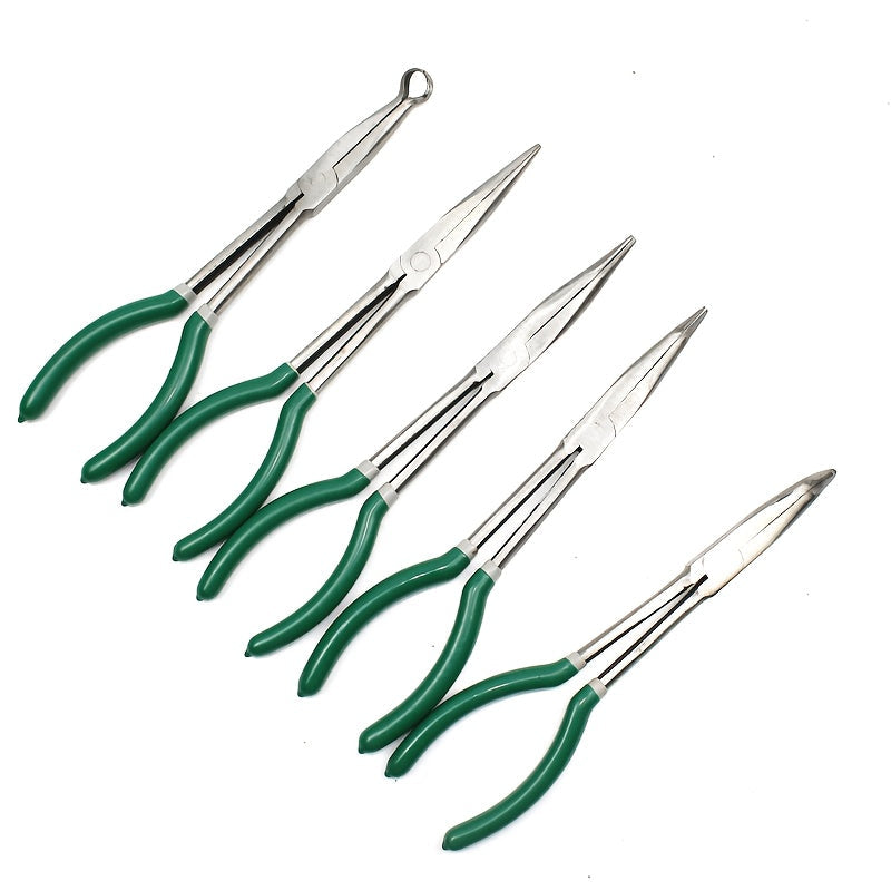 Eleven-Inch Long-Nose Fishing Pliers with 45-Degree Bent Tips, Green Grips and Narrow Hook-Access Profile