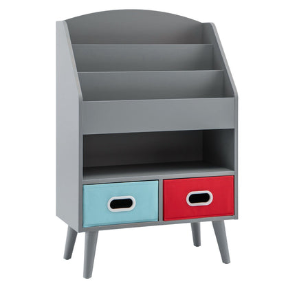 Kids Bookshelf 3-Tier with 2 Fabric Bins Open Compartments Anti-Tip Safety Design Sturdy MDF Children Book Organizer Display Rack for Playroom Nursery Classroom Bedroom Toddlers Age 3+