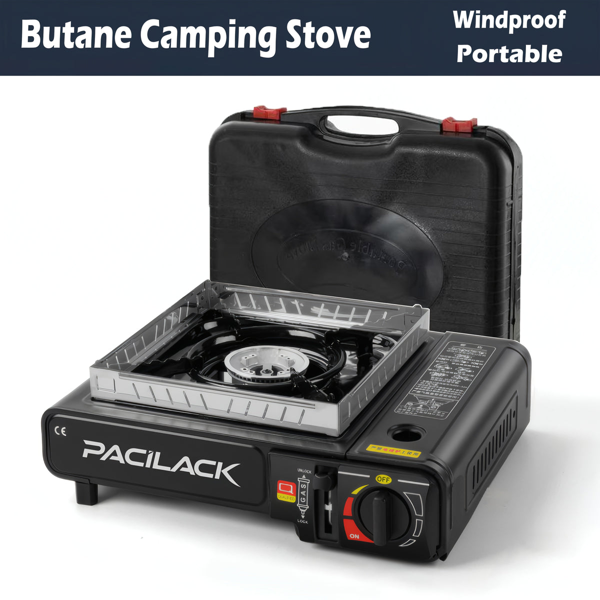 Portable Butane Tabletop Camping Stove in Black or Red with Carrying Case, Windscreen and 34 x 28 cm Base