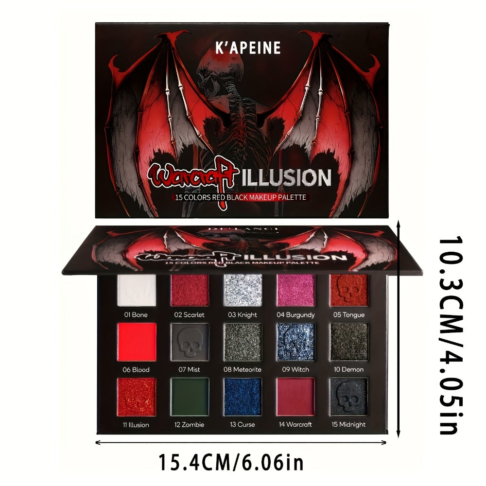 Eyeshadow Palette 15-Shade Dark Gothic Color Mix with Matte, Shimmer and Glitter Finishes in Black Case