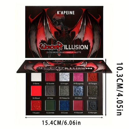 Eyeshadow Palette 15-Shade Dark Gothic Color Mix with Matte, Shimmer and Glitter Finishes in Black Case