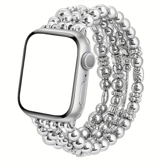 Watch Band with Elastic Beaded Slip-On Bracelet in Silver, Rose Gold or Gold for Listed Apple Watch Sizes