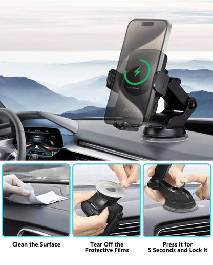 4-Color Wireless Car Charger Mount 15W Qi Auto-Clamping – Fast Wireless Charging Phone Holder for iPhone 17 16 15 14 13 12 11 Pro Max, Samsung Galaxy S24 S23 S22 S21 & All Qi Phones | Black Blue Red Gold