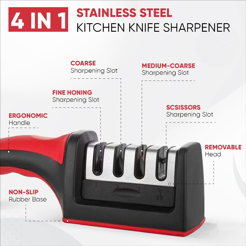 Four-Stage Manual Knife and Scissors Sharpener with Red Handle and Removable Sharpening Head