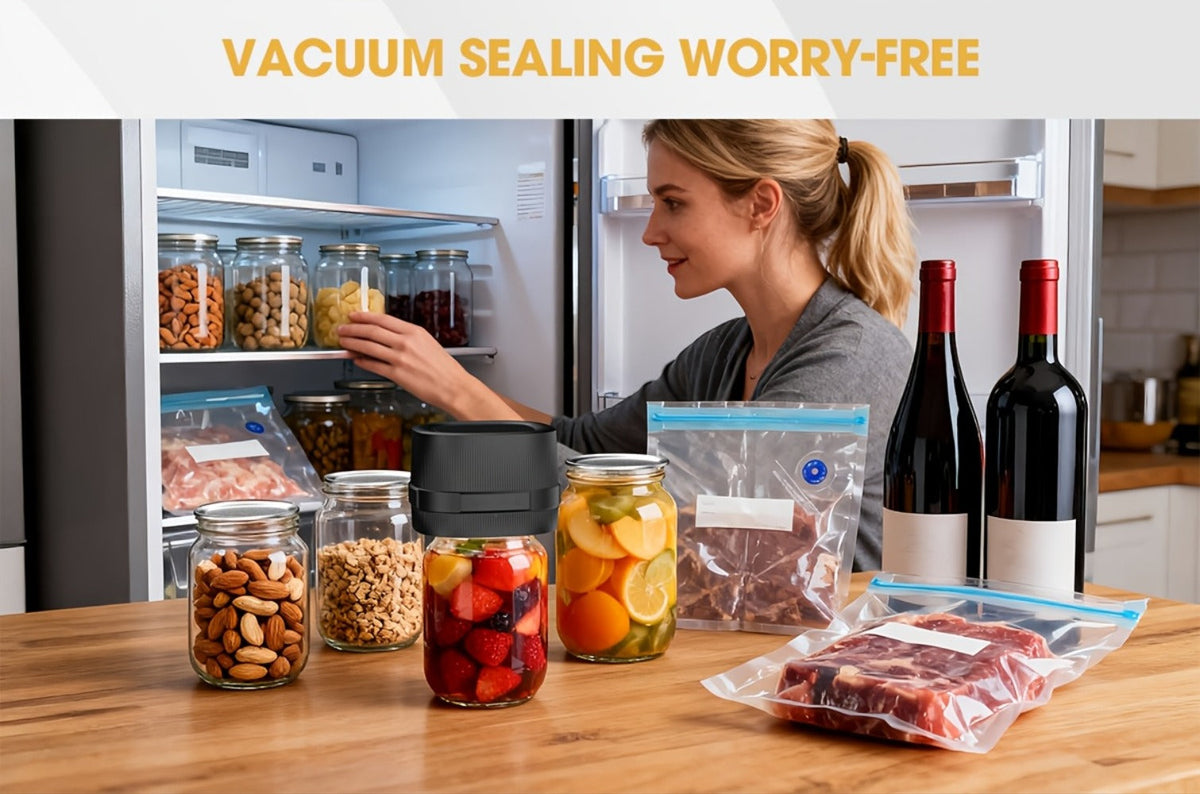 Electric Jar Vacuum Sealer 3-in-1 Food Storage Vacuum Sealer Machine with 14 Sealing Lids Wine Plug Vacuum Bag Bottle Opener