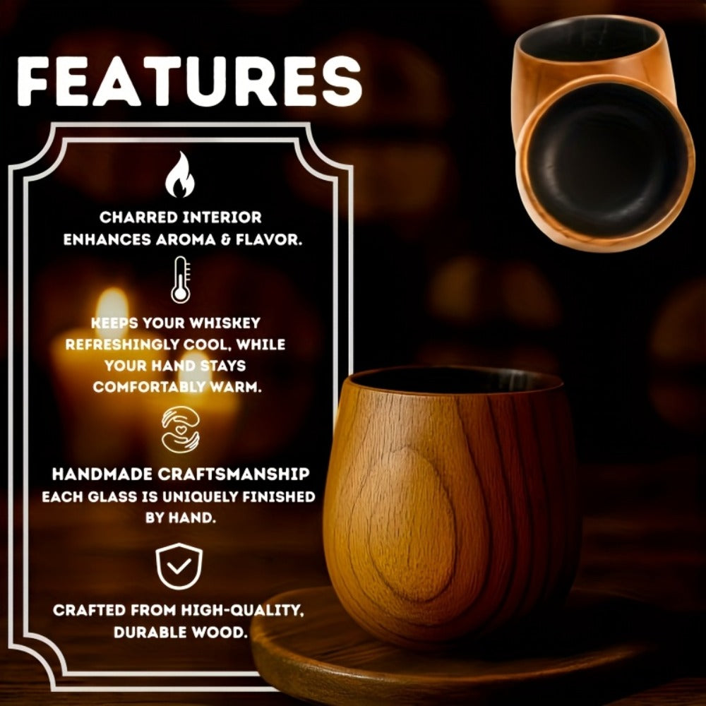 Charred Wooden Bourbon Whiskey Glass Set – 2 Jujube Wood Old Fashioned Tumbler Glasses & 8 Granite Whiskey Stones – Handcrafted Whiskey Gift for Men Dad