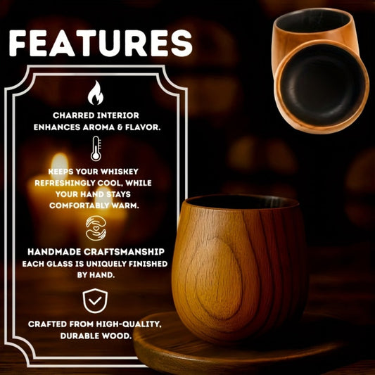 Charred Wooden Bourbon Whiskey Glass Set – 2 Jujube Wood Old Fashioned Tumbler Glasses & 8 Granite Whiskey Stones – Handcrafted Whiskey Gift for Men Dad