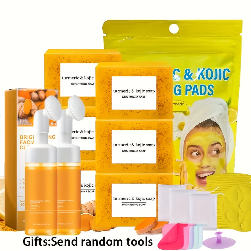 Turmeric Kojic Acid Brightening Soap Handmade Lemon Cold Process Deep Cleansing Hydrating Bar for Face & Body All Skin Types – Bundle Sets with Liquid Soap & Face Wash, Skincare Gift for Women
