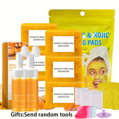 Turmeric Kojic Acid Brightening Soap Handmade Lemon Cold Process Deep Cleansing Hydrating Bar for Face & Body All Skin Types – Bundle Sets with Liquid Soap & Face Wash, Skincare Gift for Women