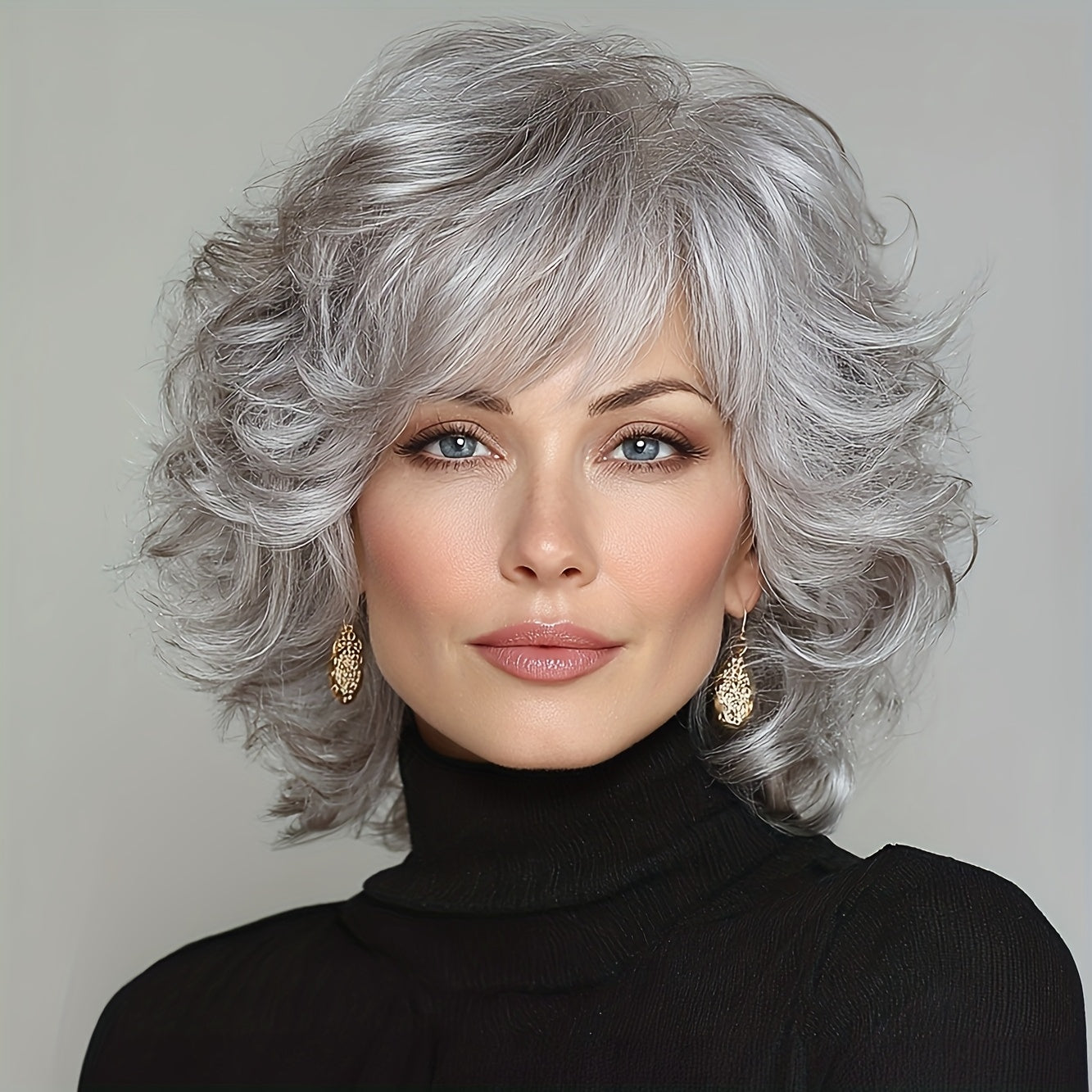 Gray Curly Wig with Bangs 12 Inch Short Silver Grey Synthetic Heat Resistant Rose Net Cap Wig for Women Cosplay Halloween Party Daily Wear All Occasions