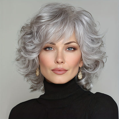 Gray Curly Wig with Bangs 12 Inch Short Silver Grey Synthetic Heat Resistant Rose Net Cap Wig for Women Cosplay Halloween Party Daily Wear All Occasions