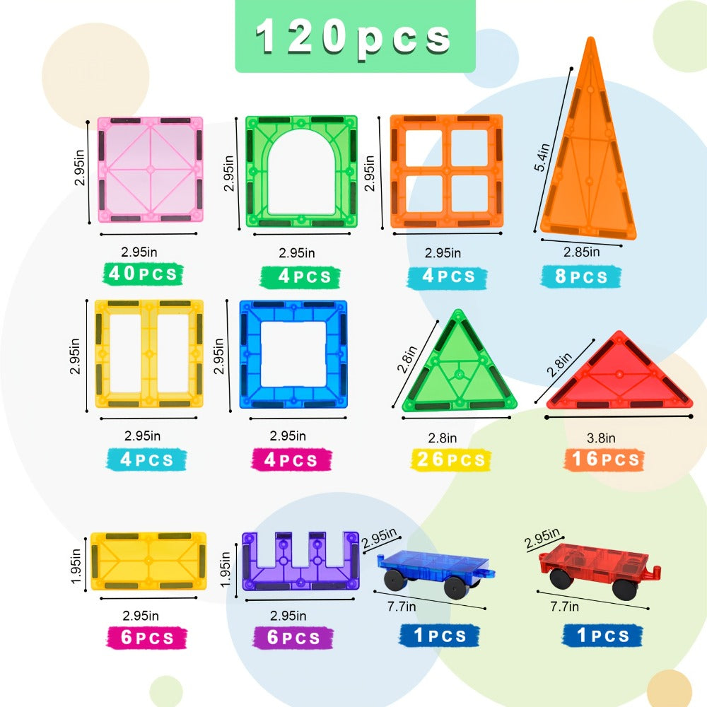 Magnetic Tiles 120-Piece Translucent Castle Building Set with Two Rolling Car Bases and Multicolor Shapes
