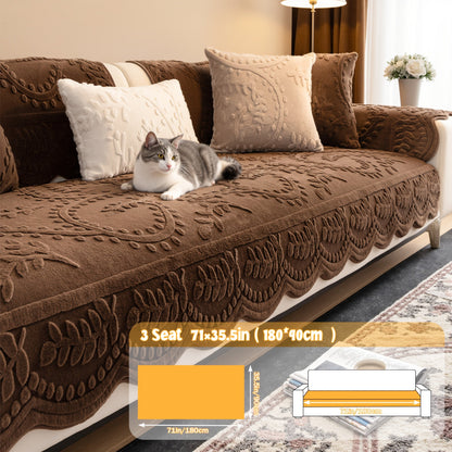 Faux Rabbit Fur Plush Sofa Cover Non-Slip | Thickened Quilted Couch Cushion, Machine Washable Pet Friendly, 1 to 4 Seat Armrest Backrest, White Light Grey Brown, Home Winter Decor