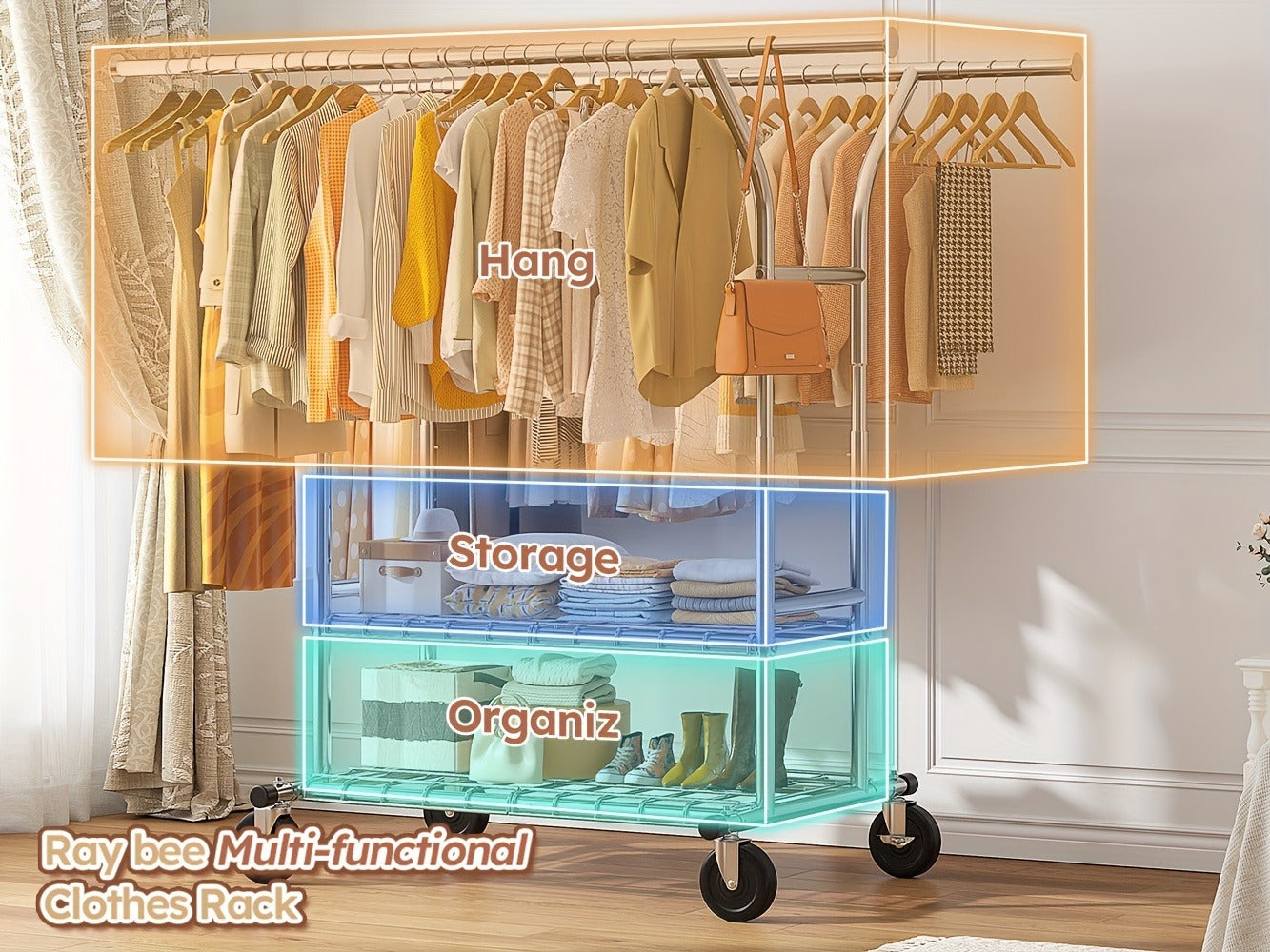 Double-Rod Rolling Garment Rack with Telescoping Extensions, Two Wire Shelves and 74.6-Inch Width