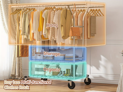 Double-Rod Rolling Garment Rack with Telescoping Extensions, Two Wire Shelves and 74.6-Inch Width