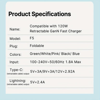 Dual Cable GaN Charger 120W with Built-In 47in Type-C & Lightning Retractable Cables, Foldable Plug – Tangle-Free Fast Charging USB-C Wall Adapter for iPhone 16 15 14 Pro Max, Samsung Galaxy S25 S24