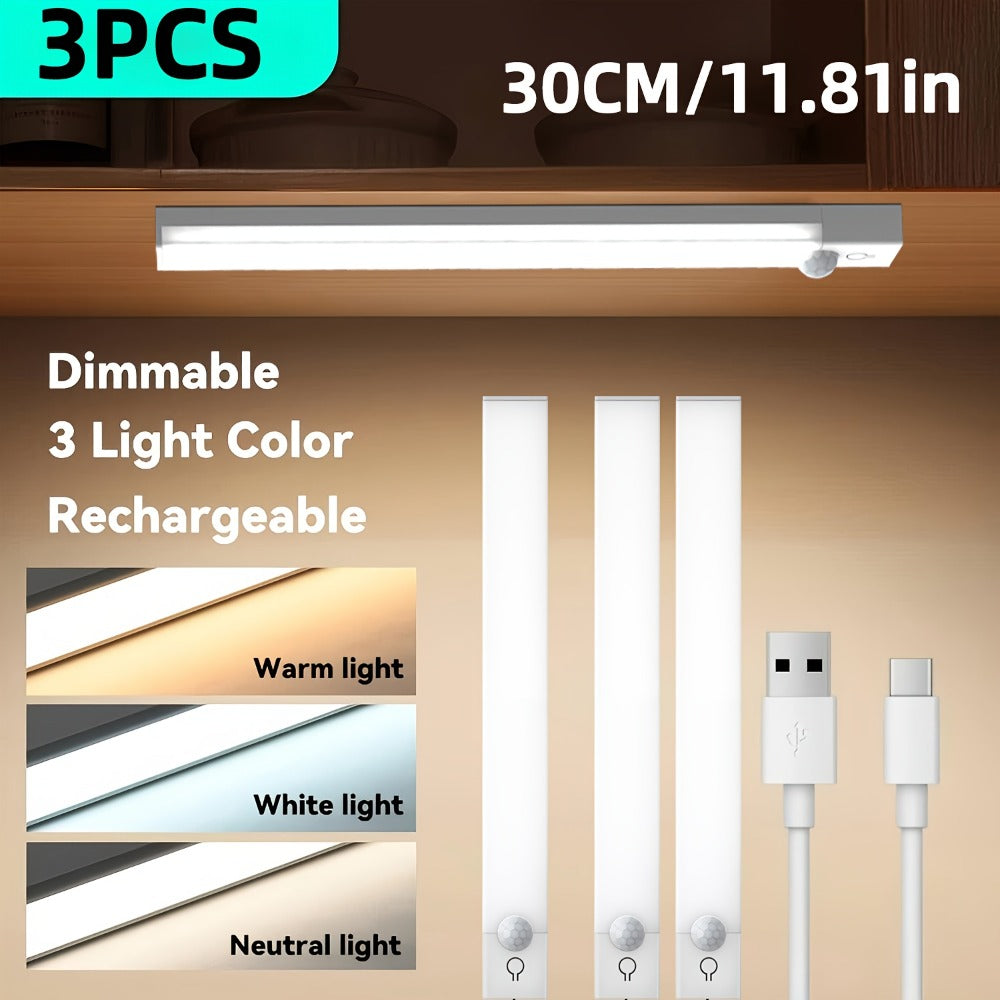 Three-Pack Motion Sensor Cabinet Lights with USB-C Charging, Three Light Colors and 7.87- or 11.81-Inch Options