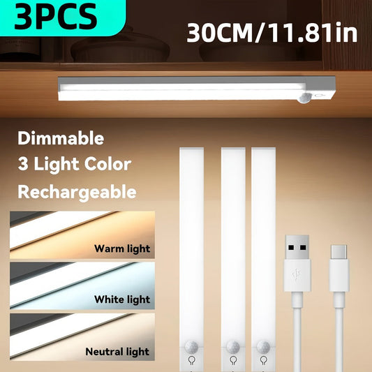 Motion Sensor Light 3 Pack USB Rechargeable LED Cabinet Light Dimmable 3 Color Temps Magnetic Base for Kitchen Closet Stairs Hallway Bedroom 7.87" 11.81"