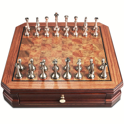 12-Inch Wooden-Style Chess Set with Metal-Finish Pieces, Two Storage Drawers and Two Extra Queens for Adults