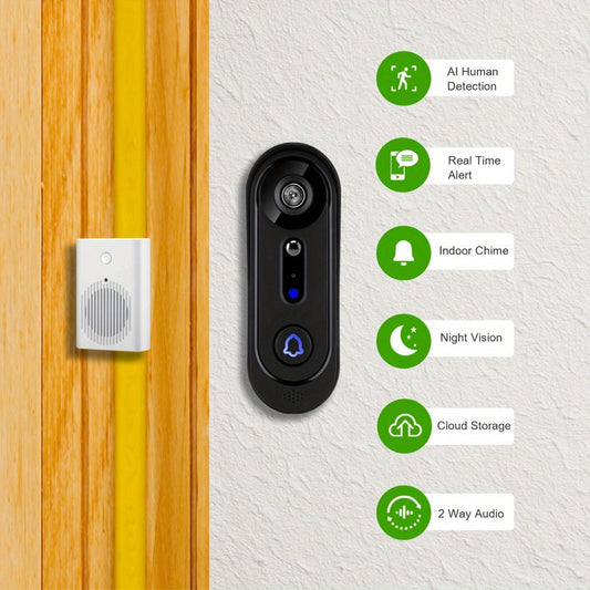 Smart Doorbell Camera 1080P HD Wireless Battery Powered – Night Vision, Motion Detection, Two-Way Audio, Indoor Chime, Cloud Storage & Real-Time Alerts, 2.4GHz WiFi Easy Install No Wiring Needed