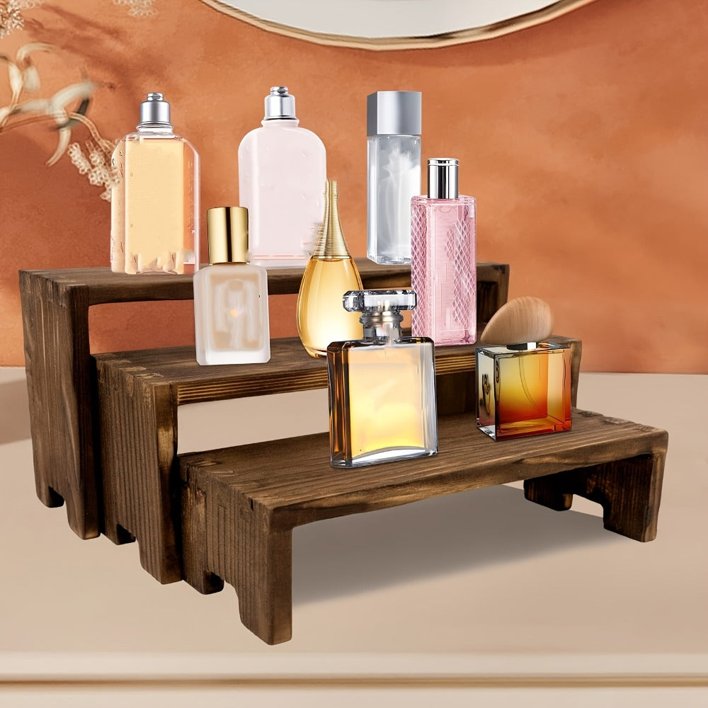 Three-Piece Nesting Tabletop Display Shelf Set in Burning Color or Wood Color Stepped Sizes