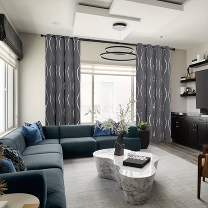 Two-Panel Wave-Line Foil Print Blackout Curtains in 10 Colors with 42- or 52-Inch Width Options