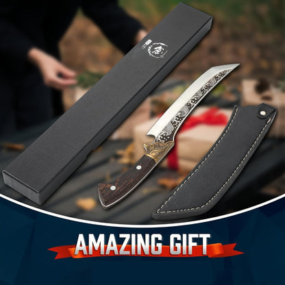 8.86-Inch Carving Knife with Patterned High-Carbon Steel Blade, Full-Tang Wood-Look Handle and Brown Sheath