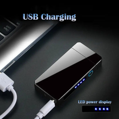 Flip-Top Dual-Arc Electric Lighter with Power Display in Three Black and Blue Color Options