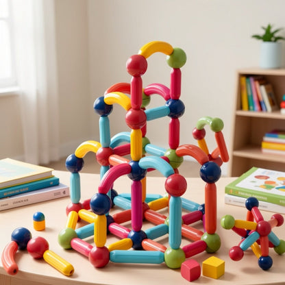 62-Piece Magnetic Stick and Ball Building Set with Multicolor Curved Rods and Round Connectors