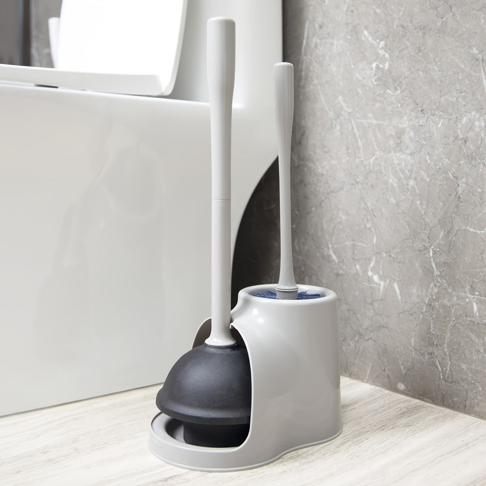 Toilet Plunger and Bowl Brush Combo with Separate Holders and Compact Gray Bathroom Storage Design