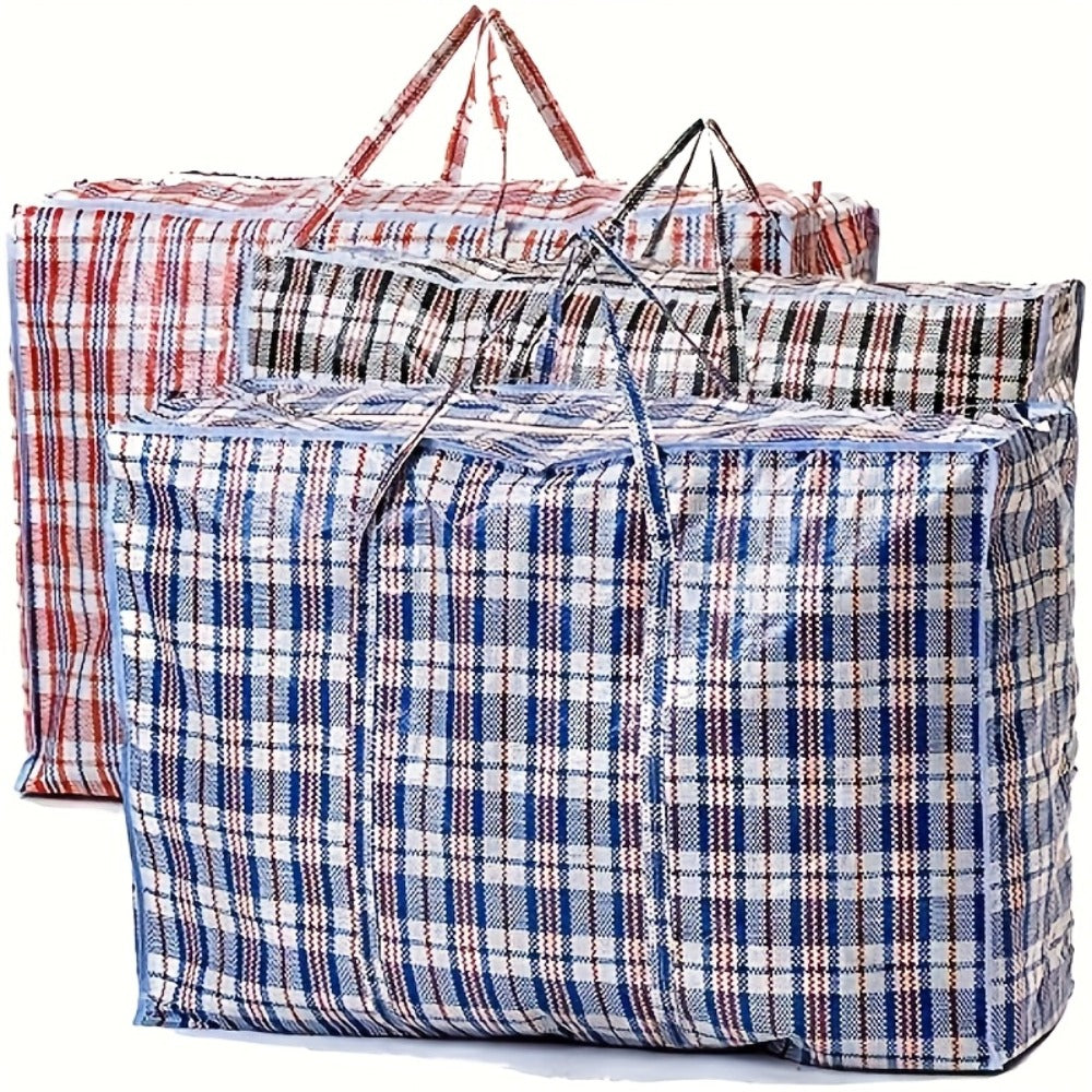 Storage Bag Set, 3-Piece Checkered Fabric Moving Organizers with Zipper Closures, Carry Handles and Foldable Design