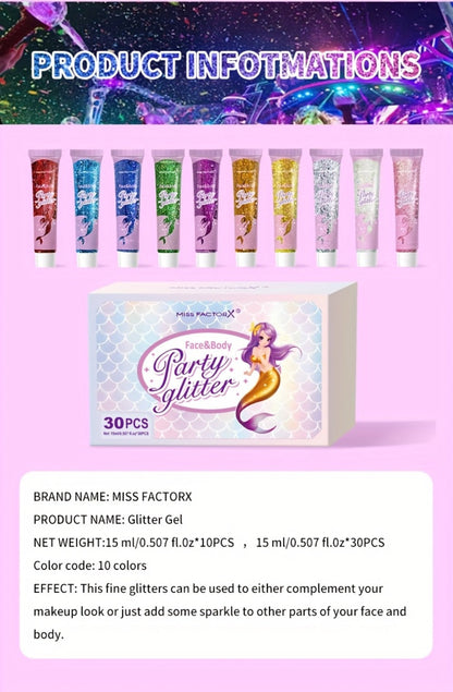 30-Piece Face and Body Glitter Gel Set with Mermaid Shapes, Stars and Hearts for Festival Makeup