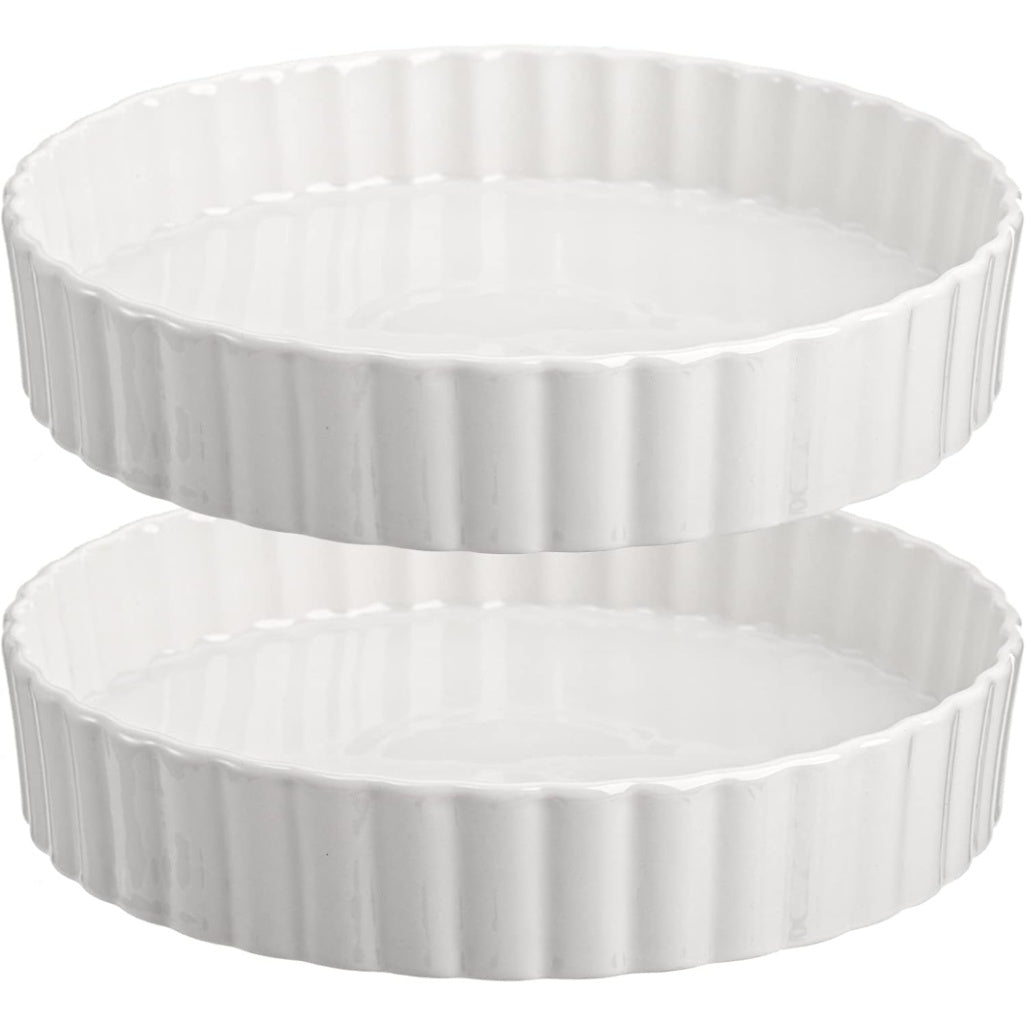 Two-Piece 9.5 Inch Ceramic Quiche Pan Set with Fluted Edges in Blue, White or Red for Pies and Tarts